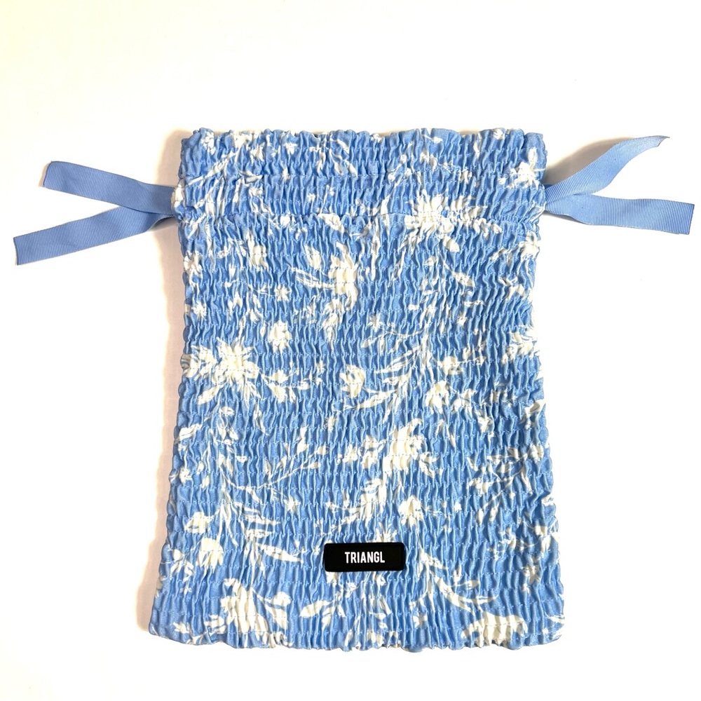Triangl Smocked Floral Print Swimsuit Bag Blue White